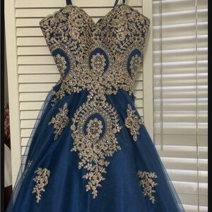 Camille La Vie Blue and Gold Embellished Gown for Prom